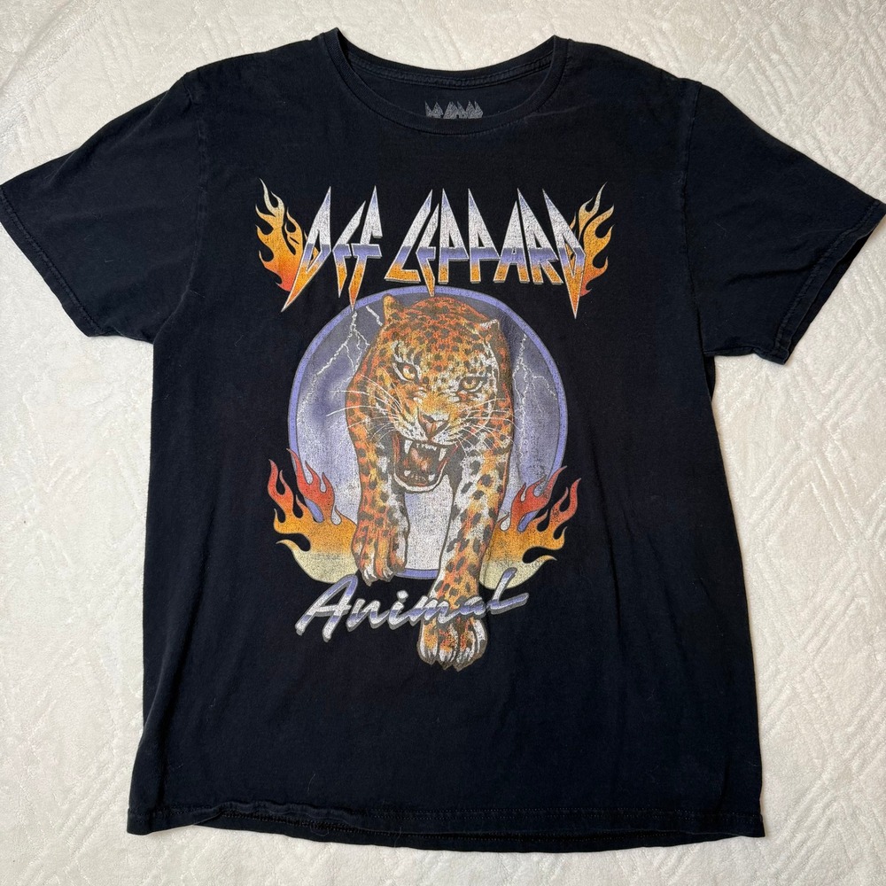 Rock Grunge Def Leppard Animal Band Tee Leopard Flames Black L